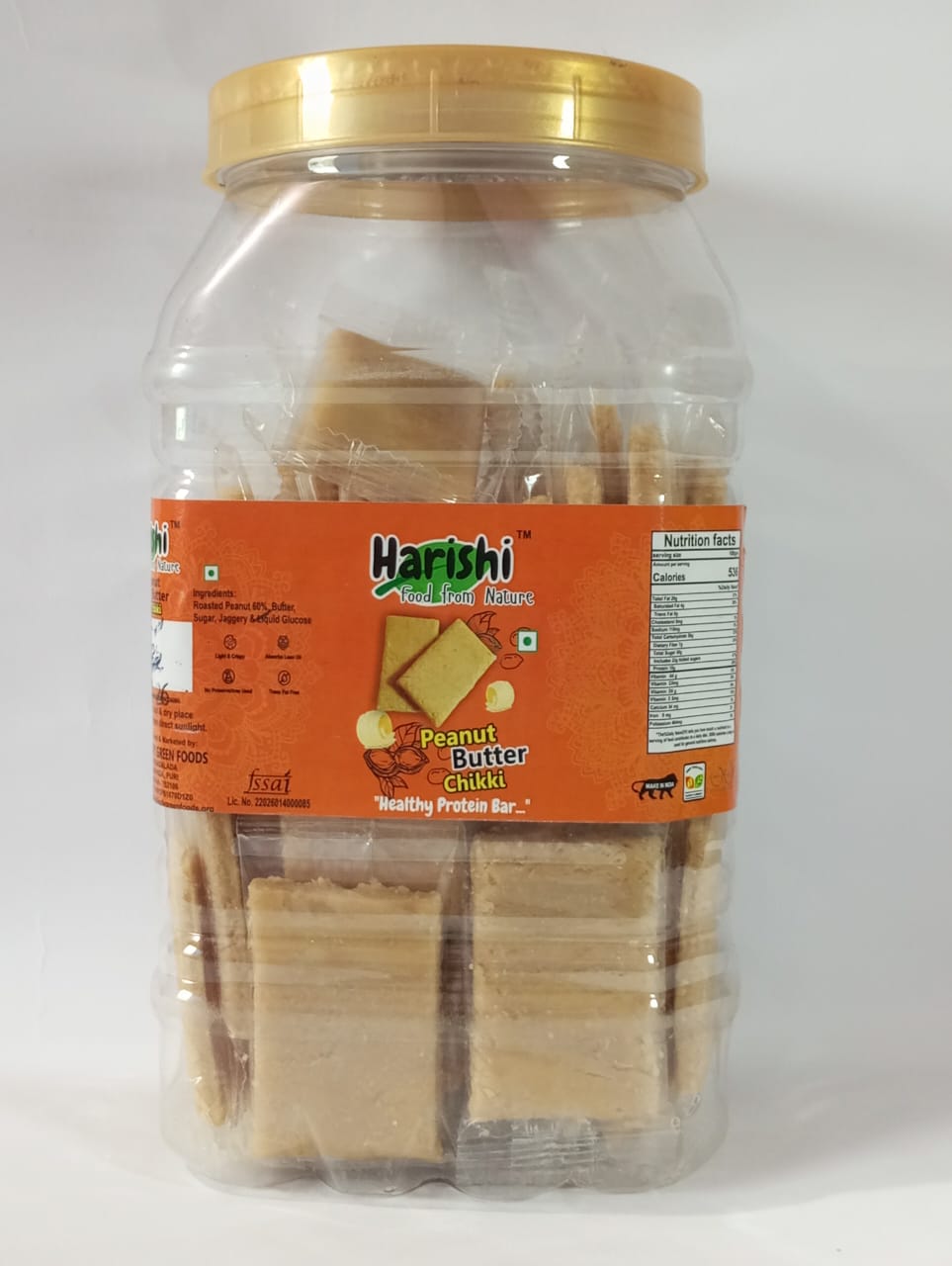 Harishi peanut butter chikki packaging – no preservatives, small batch.