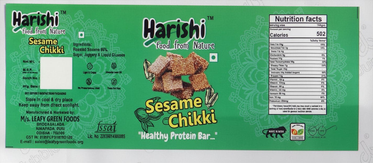 Harishi sesame chikki (til chikki) bars made with sesame and jaggery, fully compliant of FSSAI.
